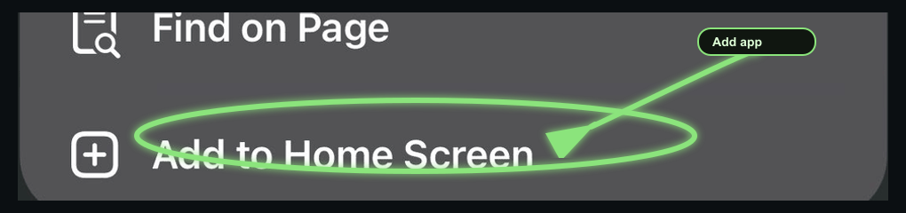 Safari menu with Add to Home Screen circled.