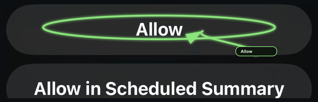 iOS notification permission dialog with Allow circled.