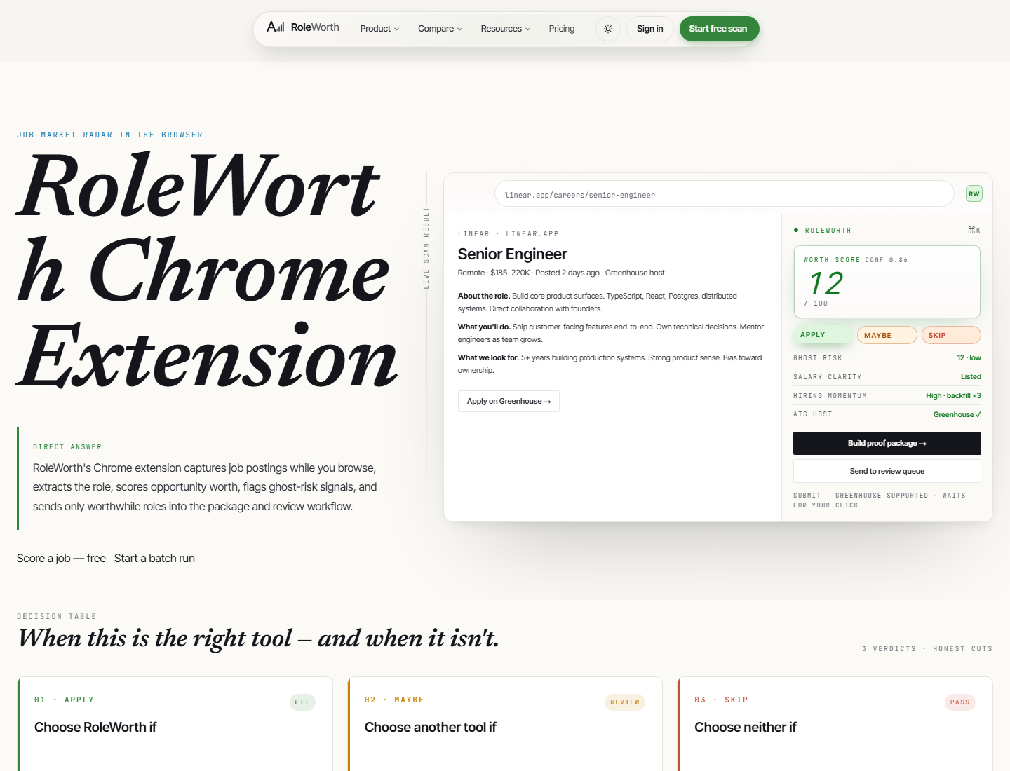 RoleWorth Chrome extension page showing a job-board overlay with worth score and actions