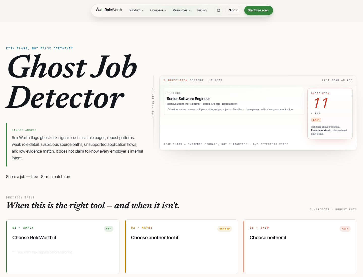 RoleWorth ghost job detector page showing risk flags and a skip recommendation