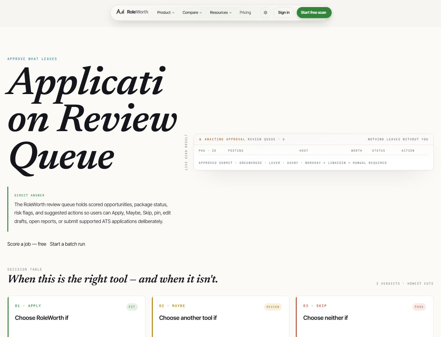 RoleWorth application package surface showing proof-backed resume bullets and approval controls