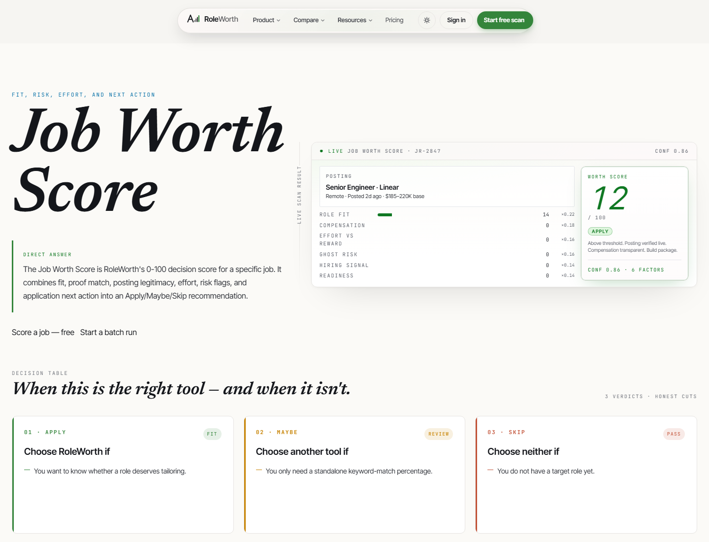 RoleWorth job worth score page with fit, risk, effort, and recommendation factors